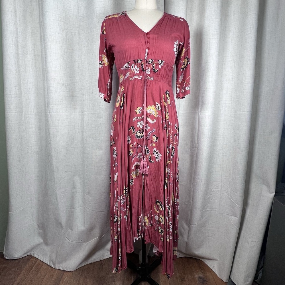 JAASE Cottagecore Floral Button Up Maxi Dress Raspberry Pink Womens Medium Boho